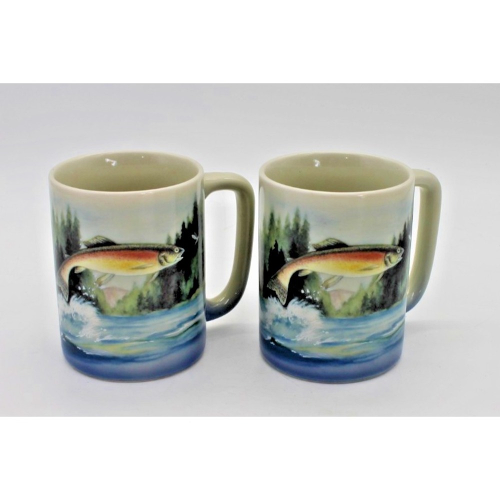 Vintage Otagiri Fly Fishing Rainbow Trout Hand Painted Coffee Mugs Set of 2